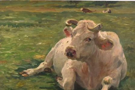 Léon BARILLOT   :  Vache allongée dans un pré