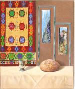 Guy FRETIER       :  Nature morte au tapis kilim et au pain