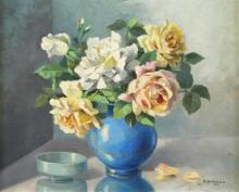 Robert BIACABE  "Roses dans un vase bleu"