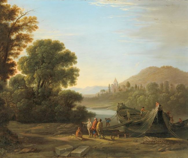 O_GELLEE - Paysage avec personnages chargeant du bois sur un bateau.jpg