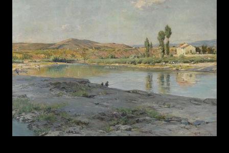 Georges-Pierre SERRIER       :   Flusslandschaft mit angler