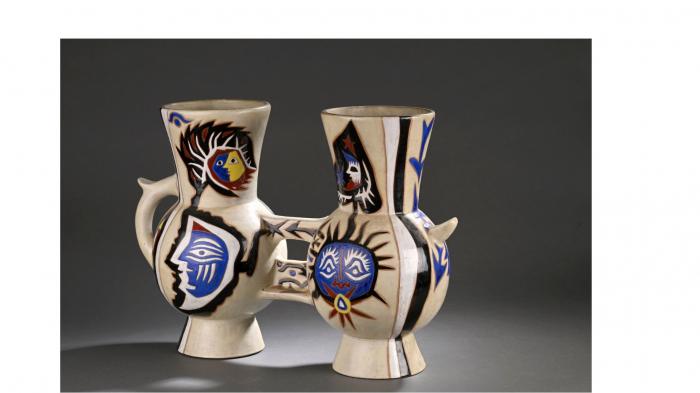 Jean LURCAT       :  Double vase à décor de soleil, de lune et de personnages stylisés