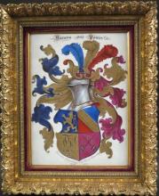 Honorine SCHWERTZLER       :   Plaque en porcelaine peinte d'un ecusson héraldique.